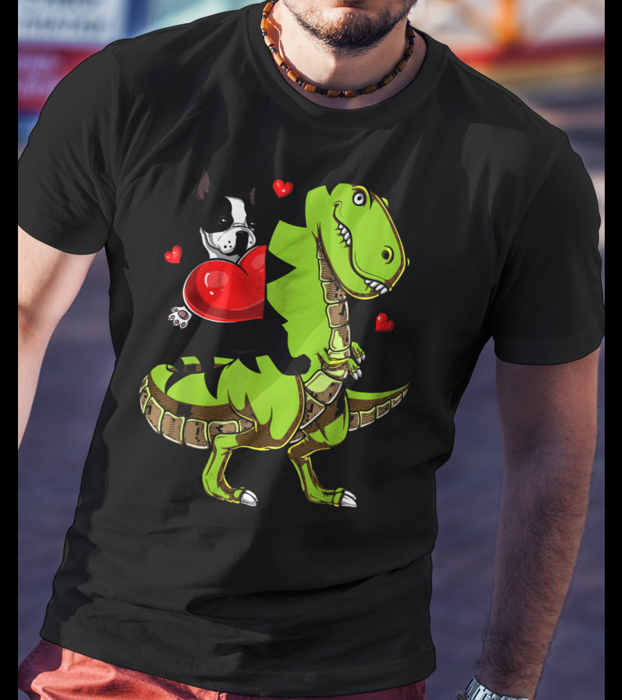Boston Terrier With Red Hearts Riding A Green Rex Dinosaur T-Shirt