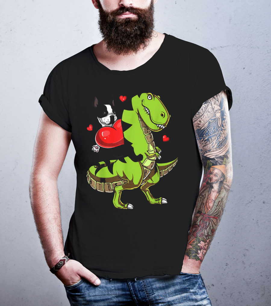 Boston Terrier With Red Hearts Riding A Green Rex Dinosaur T-Shirt