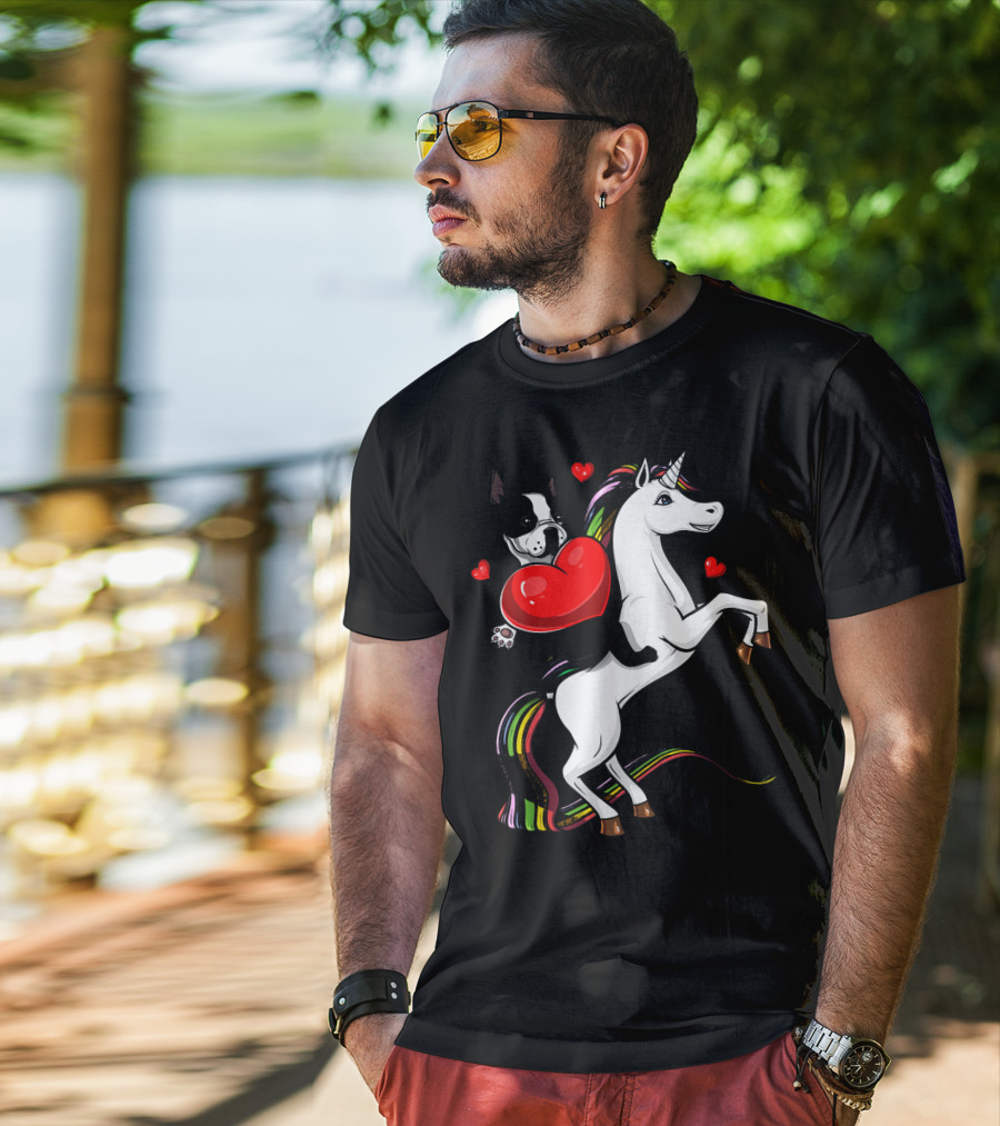 Boston Terrier Dog Holding Heart Riding Colorful Unicorn With Hearts T-Shirt
