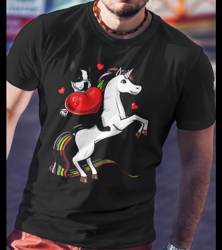 Boston Terrier Dog Holding Heart Riding Colorful Unicorn With Hearts T-Shirt
