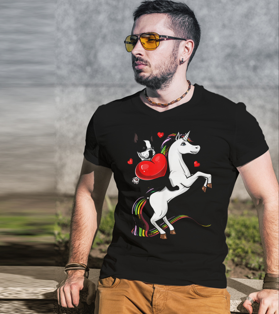 Boston Terrier Dog Holding Heart Riding Colorful Unicorn With Hearts T-Shirt