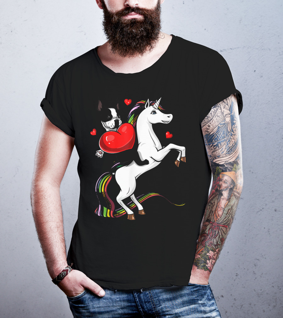 Boston Terrier Dog Holding Heart Riding Colorful Unicorn With Hearts T-Shirt