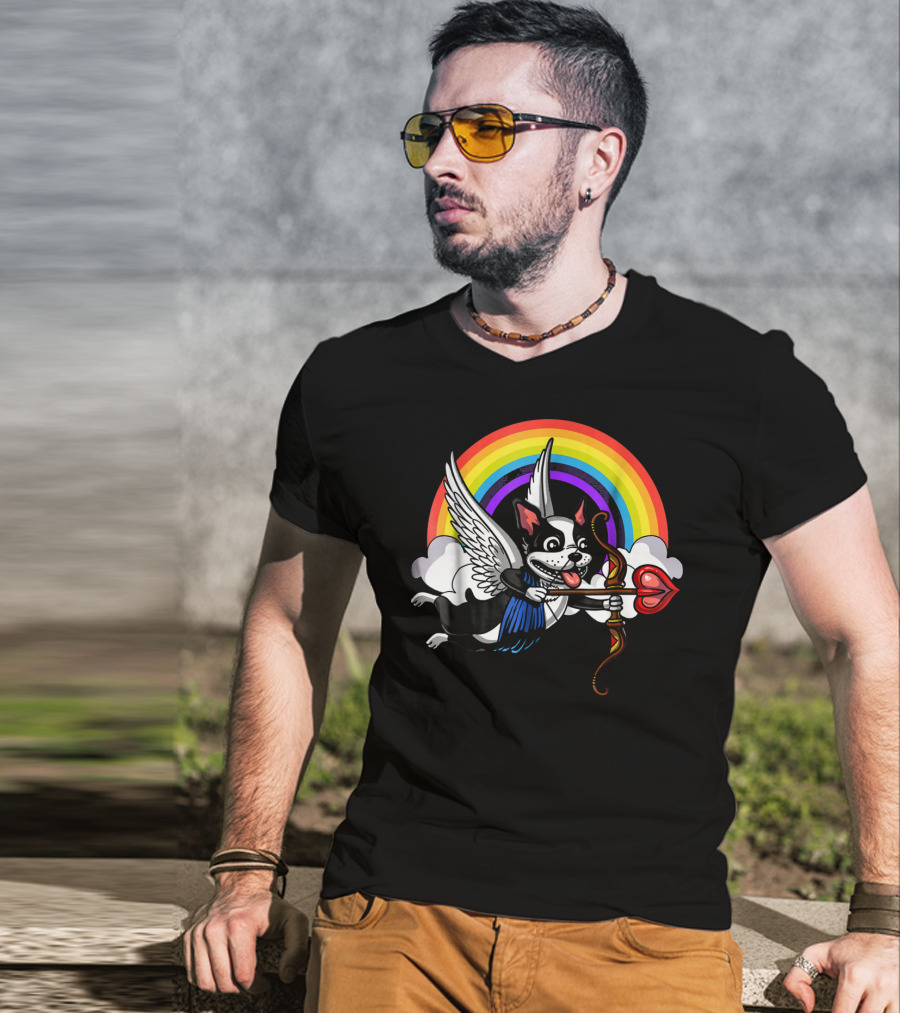 Boston Terrier Cupid Rainbow Valentine's Day T-Shirt