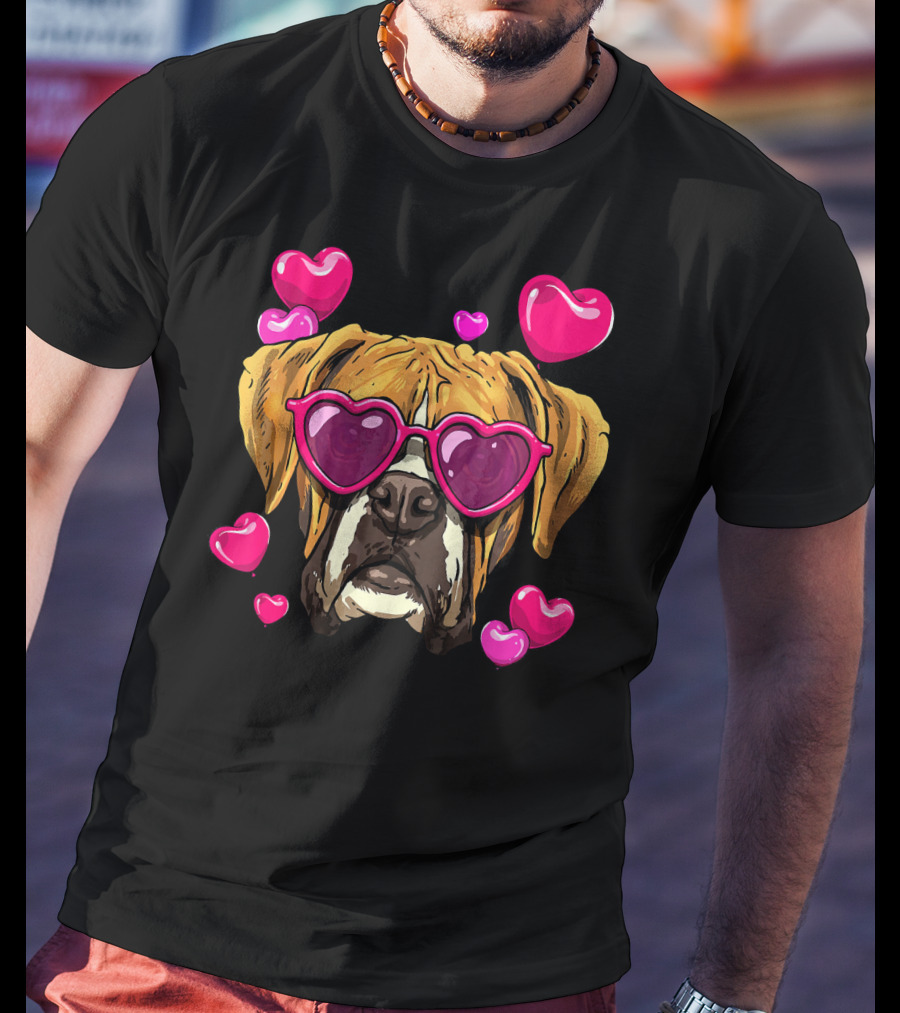 Boxer Dog With Heart Glasses Surrounded By Pink Valentine Hearts T-Shirt