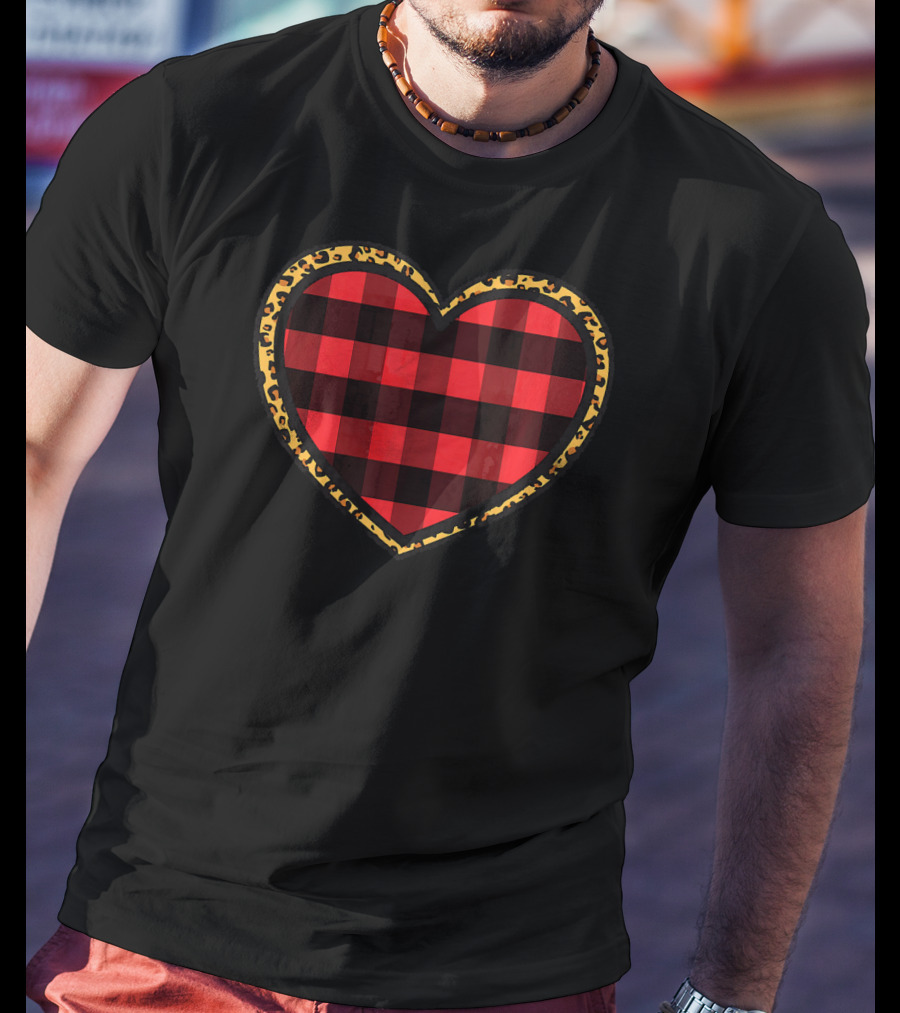 Buffalo Plaid And Leopard Print Heart T-Shirt