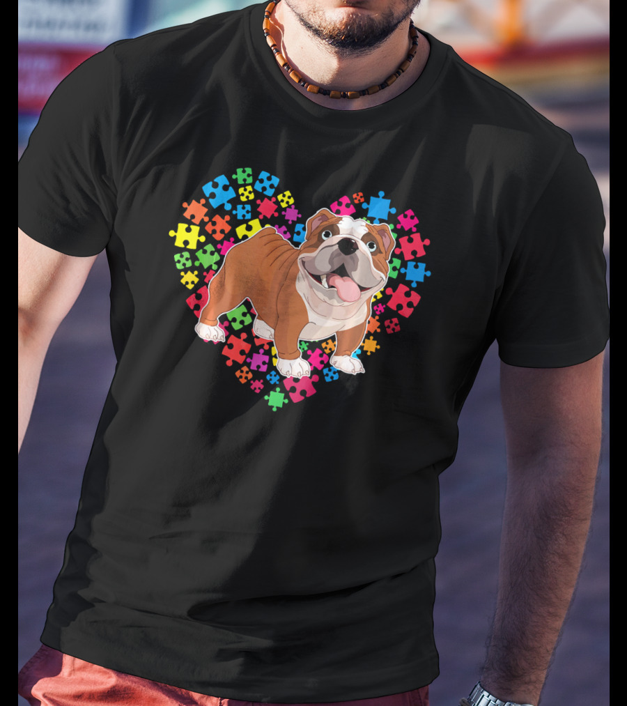 Bulldog Valentine Heart With Colorful Puzzle Pieces Background T-Shirt