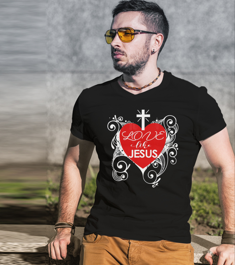 LOVE Like Jesus Christian Valentine Heart Cross Swirls T-Shirt