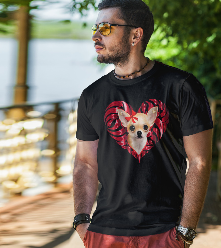 Chihuahua Dog Valentine Heart With Bow And Swirls T-Shirt