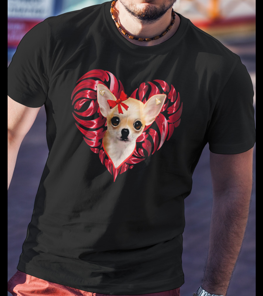 Chihuahua Dog Valentine Heart With Bow And Swirls T-Shirt