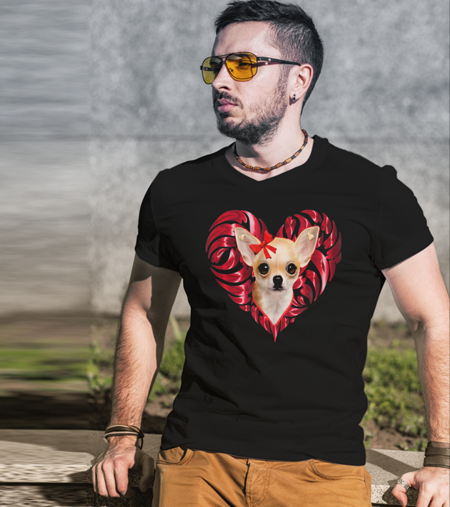 Chihuahua Dog Valentine Heart With Bow And Swirls T-Shirt