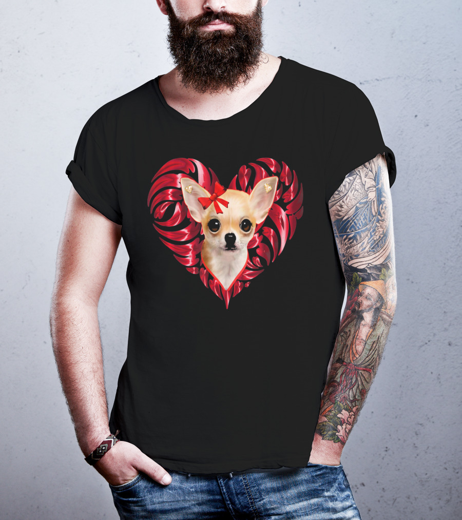 Chihuahua Dog Valentine Heart With Bow And Swirls T-Shirt