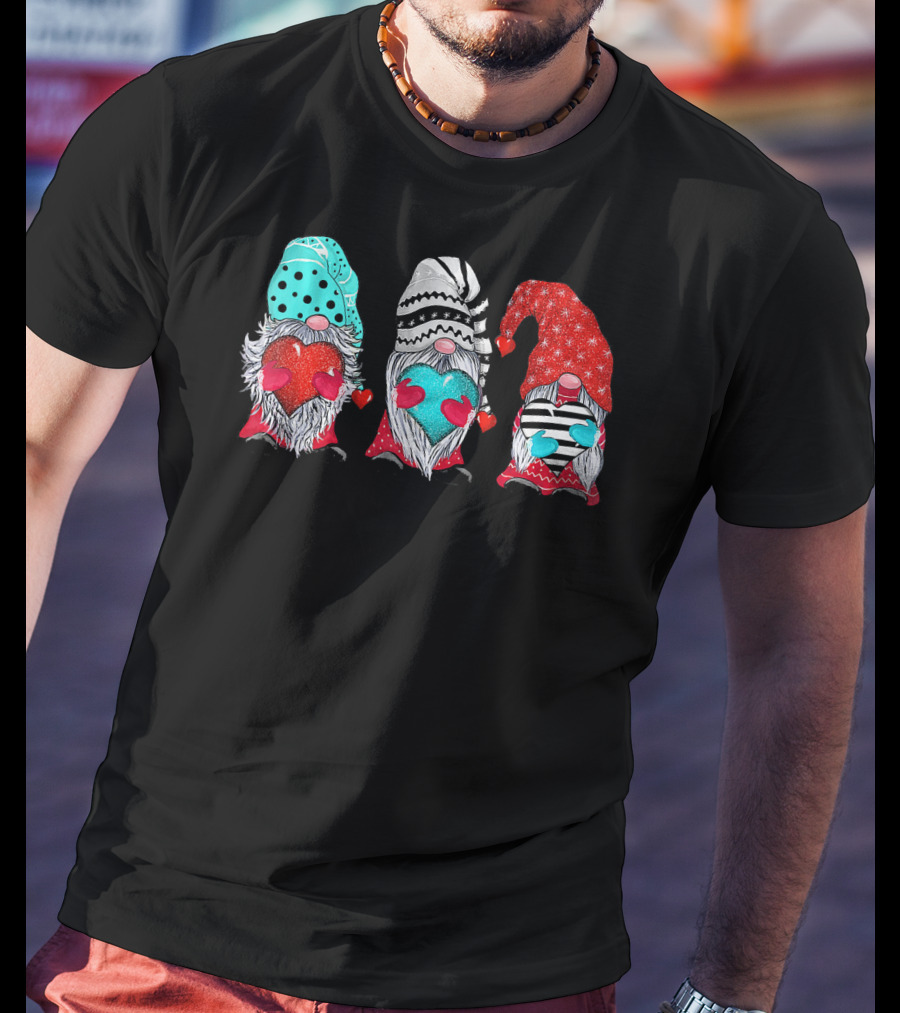 Couple Matching Outfit Gnomes Holding Hearts With Festive Hats T-Shirt