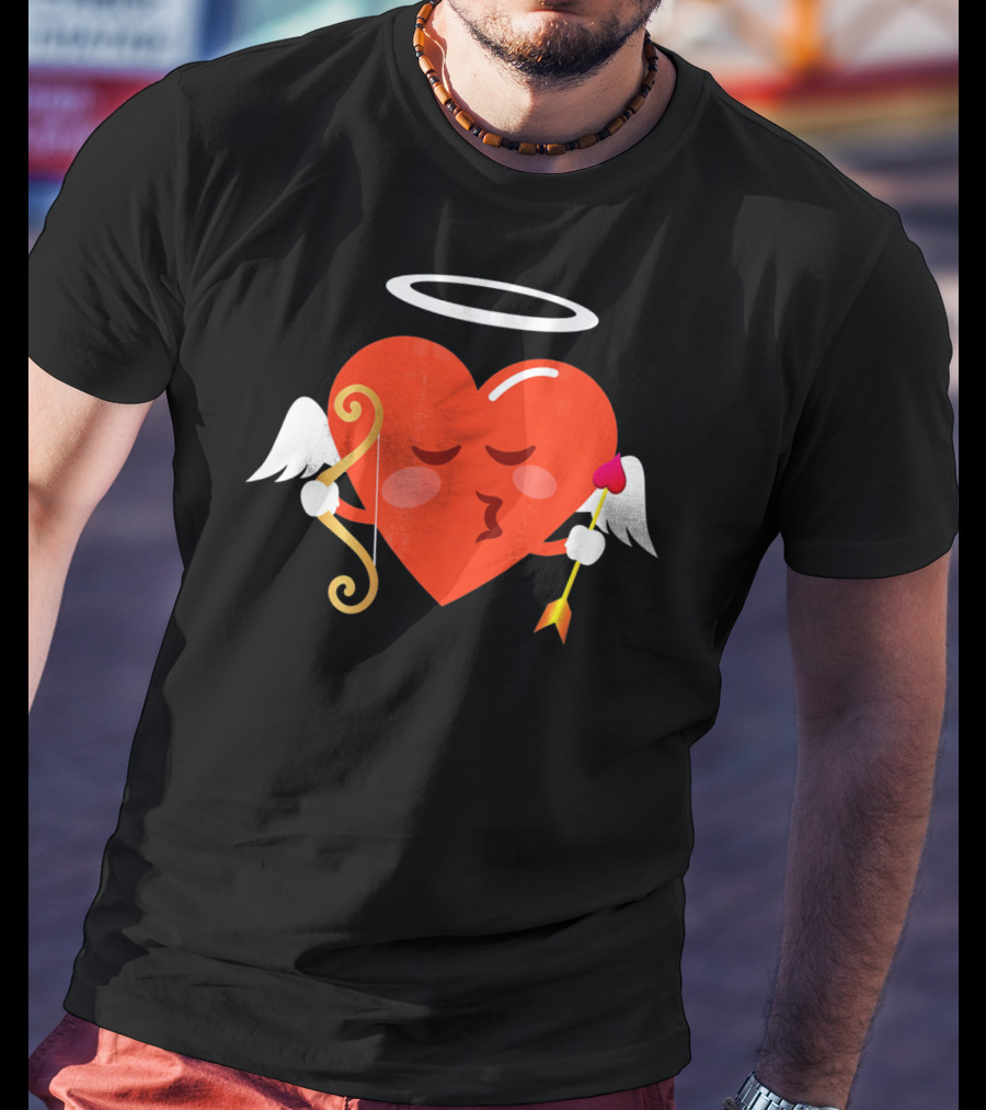 Cupid Heart Emoji Kiss Mwah Valent Winged Bow Arrow Halo T-Shirt