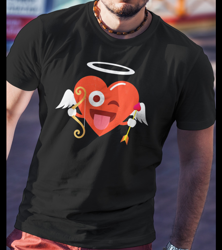 Cupid Heart Emoji Halo Wink Tongue Out Bow Arrow T-Shirt