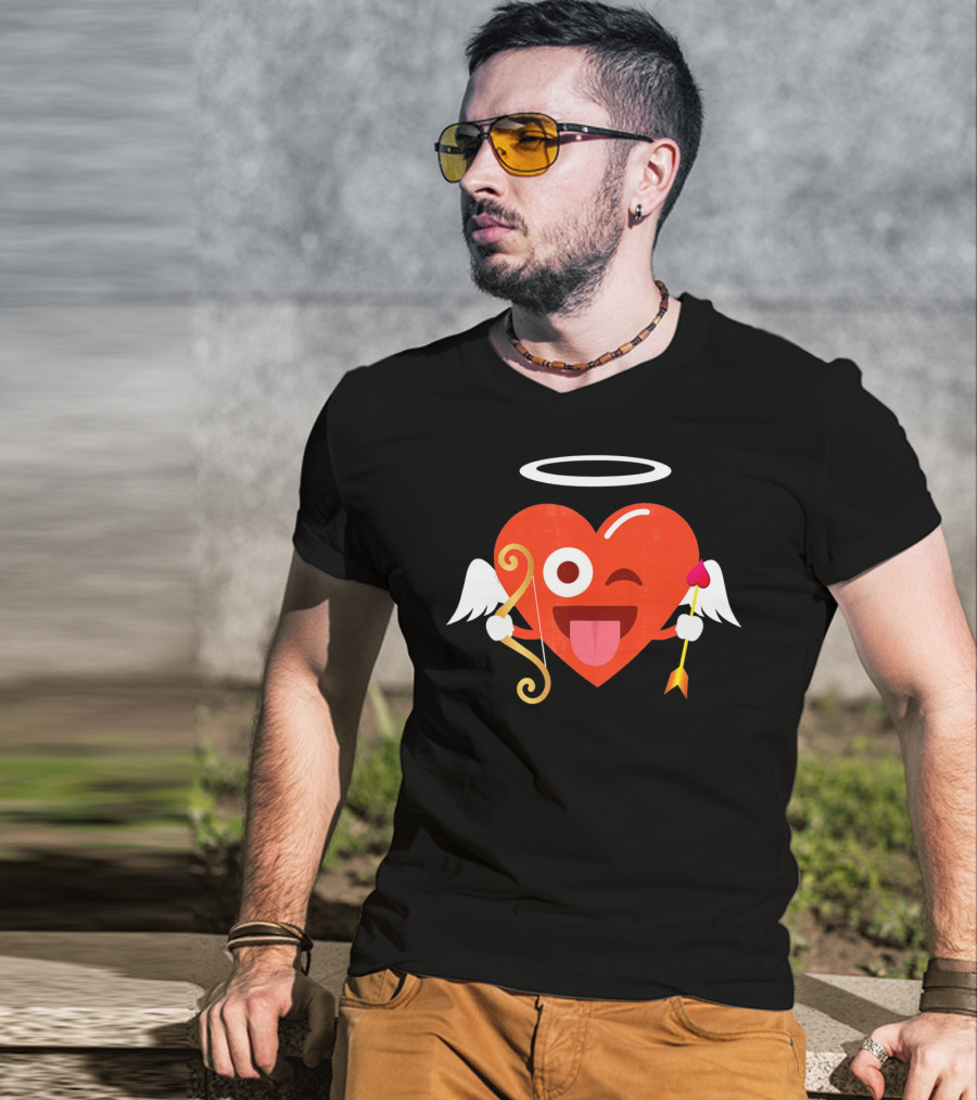 Cupid Heart Emoji Halo Wink Tongue Out Bow Arrow T-Shirt