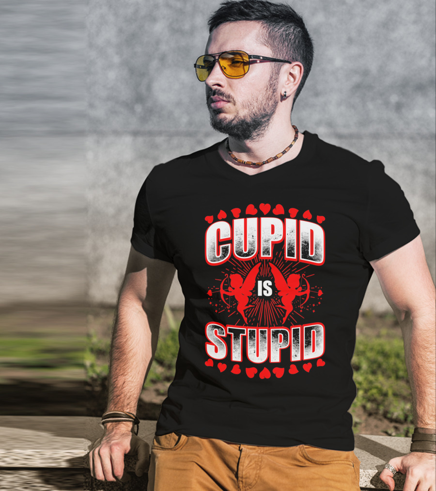 Cupid Is Stupid Anti Valentine Long With Heart And Cupid Graphics T-Shirt