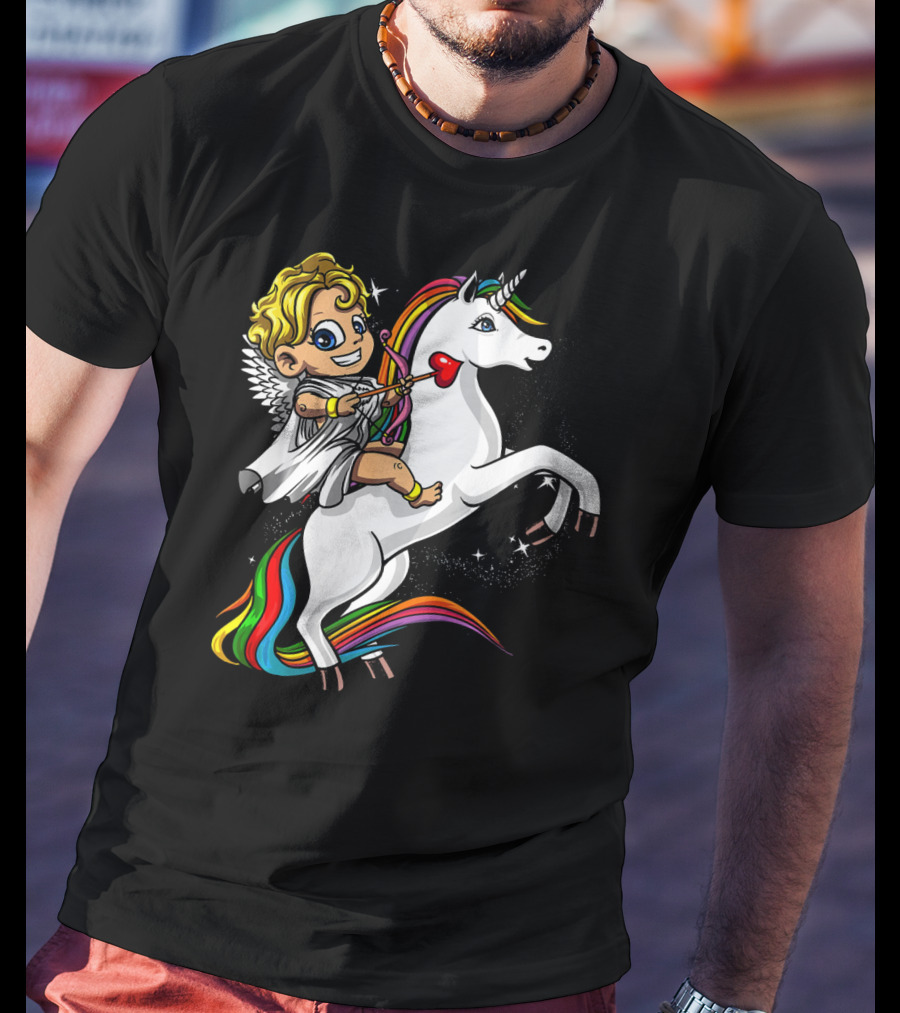 Cupid Riding Colorful Unicorn Valentines Day Magic T-Shirt
