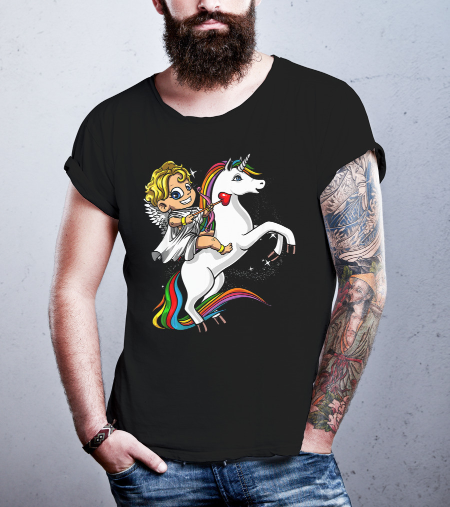 Cupid Riding Colorful Unicorn Valentines Day Magic T-Shirt