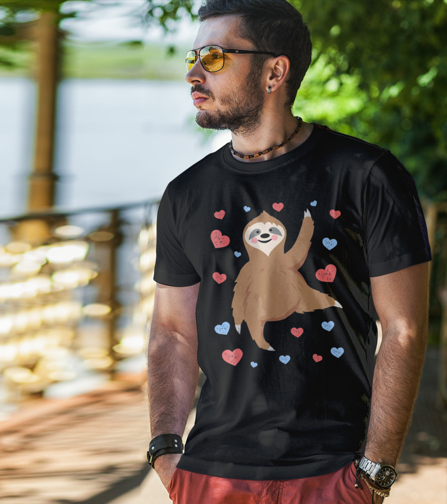 Cute Cuddly Sloth Surrounded By Red And Blue Hearts Valentine's Day T-Shirt