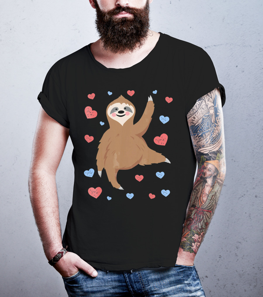 Cute Cuddly Sloth Surrounded By Red And Blue Hearts Valentine's Day T-Shirt
