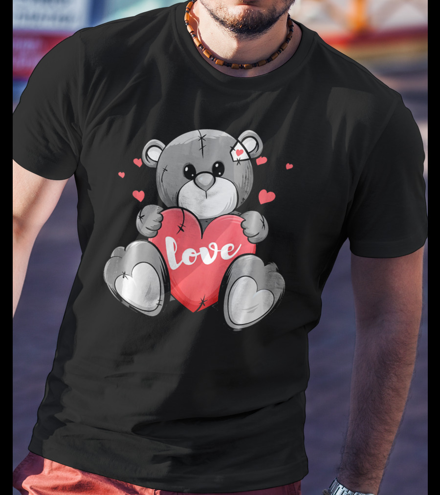 Valentine's Day Cute Bear With Heart And Love Text T-Shirt