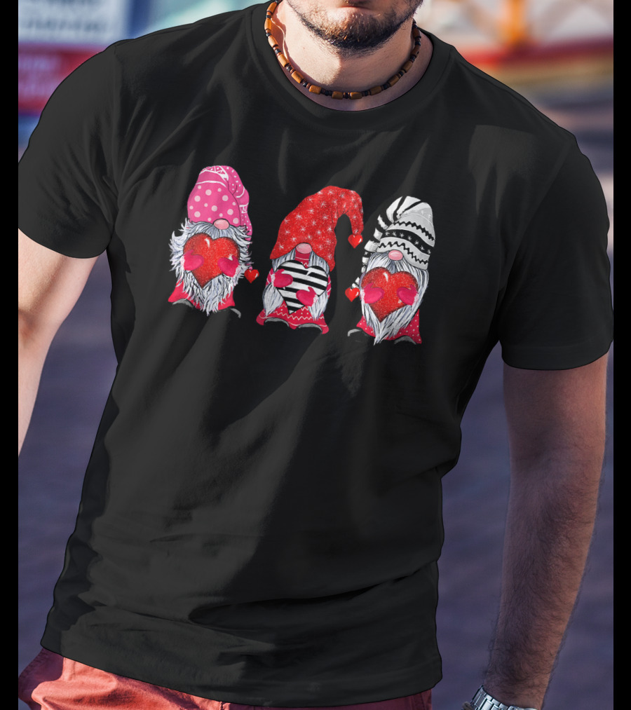 Cute Gnomes Valentine's Couple Heart Match Striped Red Hat Polka Dot T-Shirt