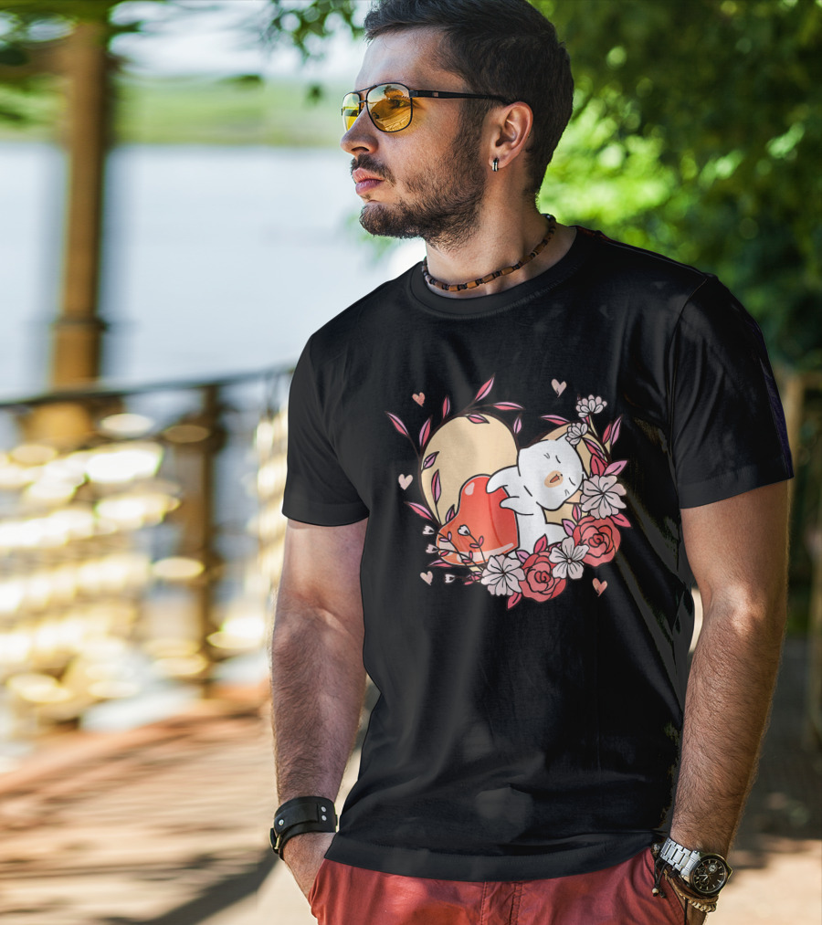 Cute Kawaii Cat Hugging Heart Surrounded By Valentines Day Flowers T-Shirt