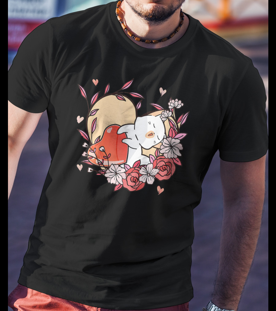 Cute Kawaii Cat Hugging Heart Surrounded By Valentines Day Flowers T-Shirt