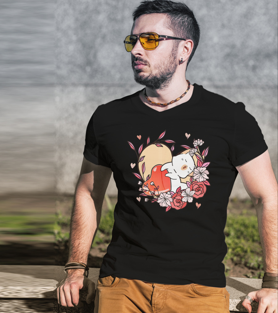 Cute Kawaii Cat Hugging Heart Surrounded By Valentines Day Flowers T-Shirt