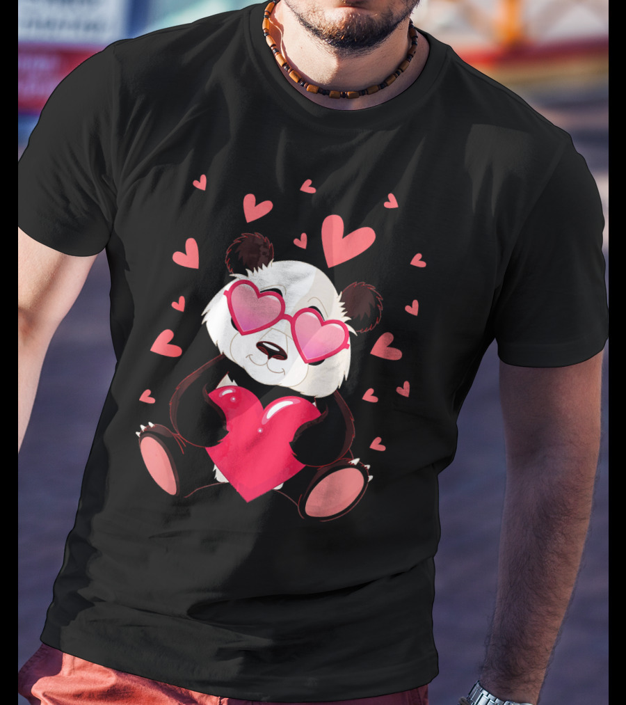 Cute Panda With Heart Glasses Valentines Day T-Shirt