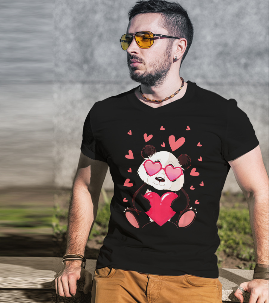 Cute Panda With Heart Glasses Valentines Day T-Shirt