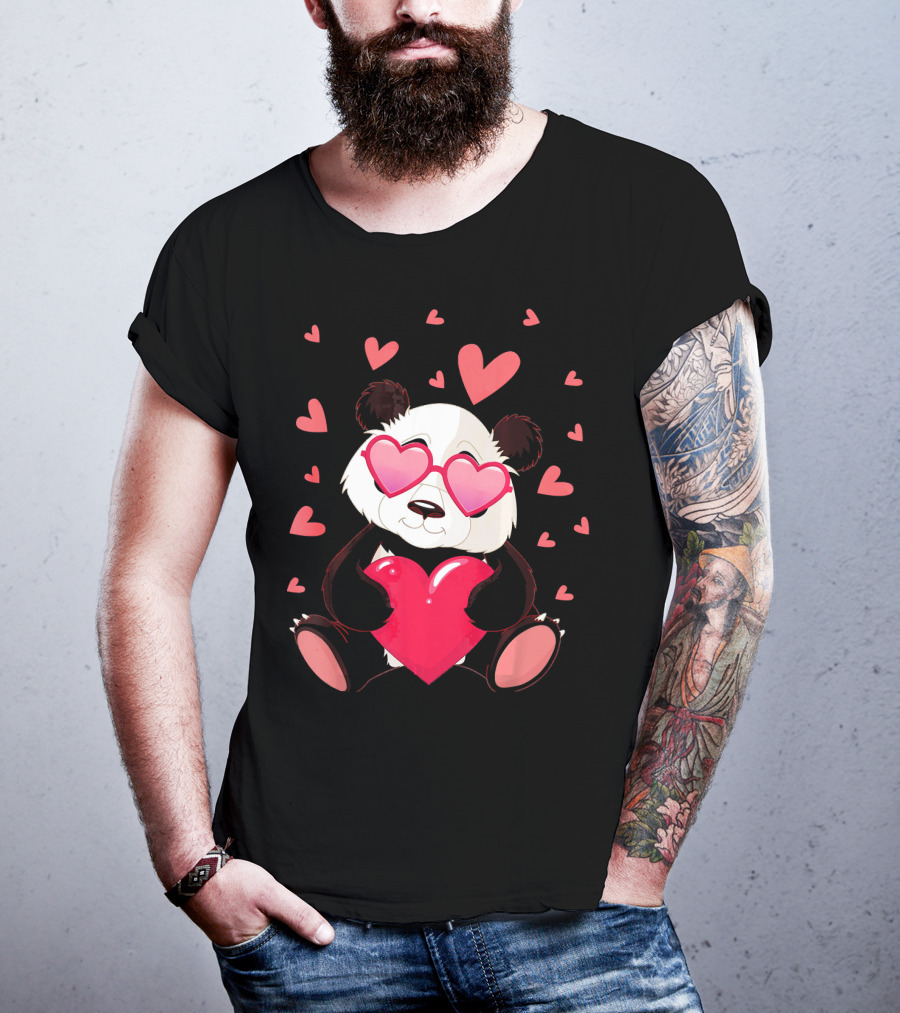 Cute Panda With Heart Glasses Valentines Day T-Shirt