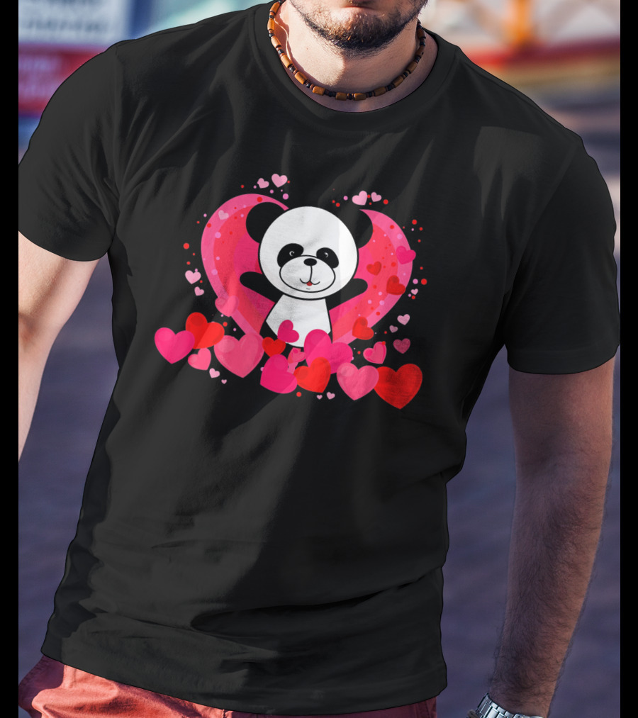 Cute Panda Surrounded By Pink And Red Hearts With Large Heart Background T-Shirt