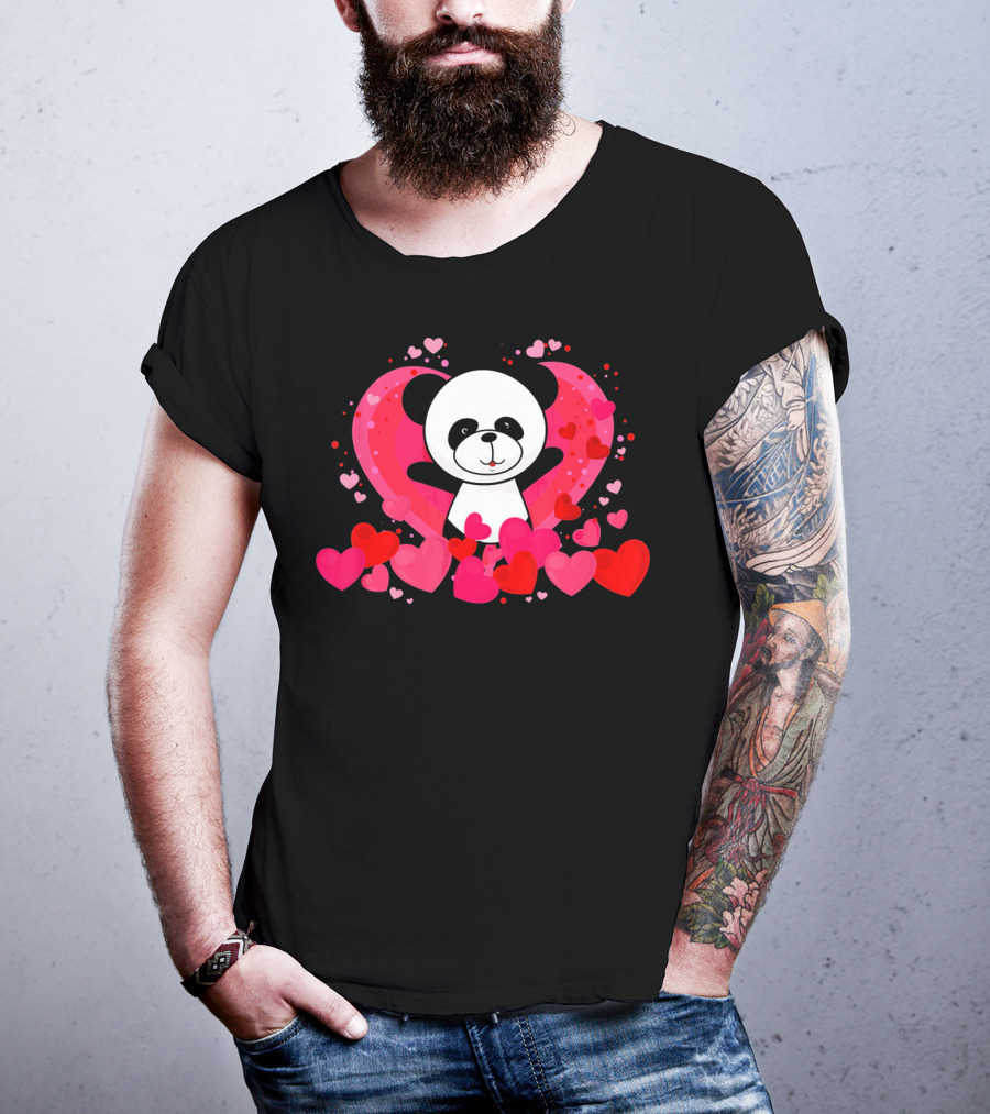 Cute Panda Surrounded By Pink And Red Hearts With Large Heart Background T-Shirt