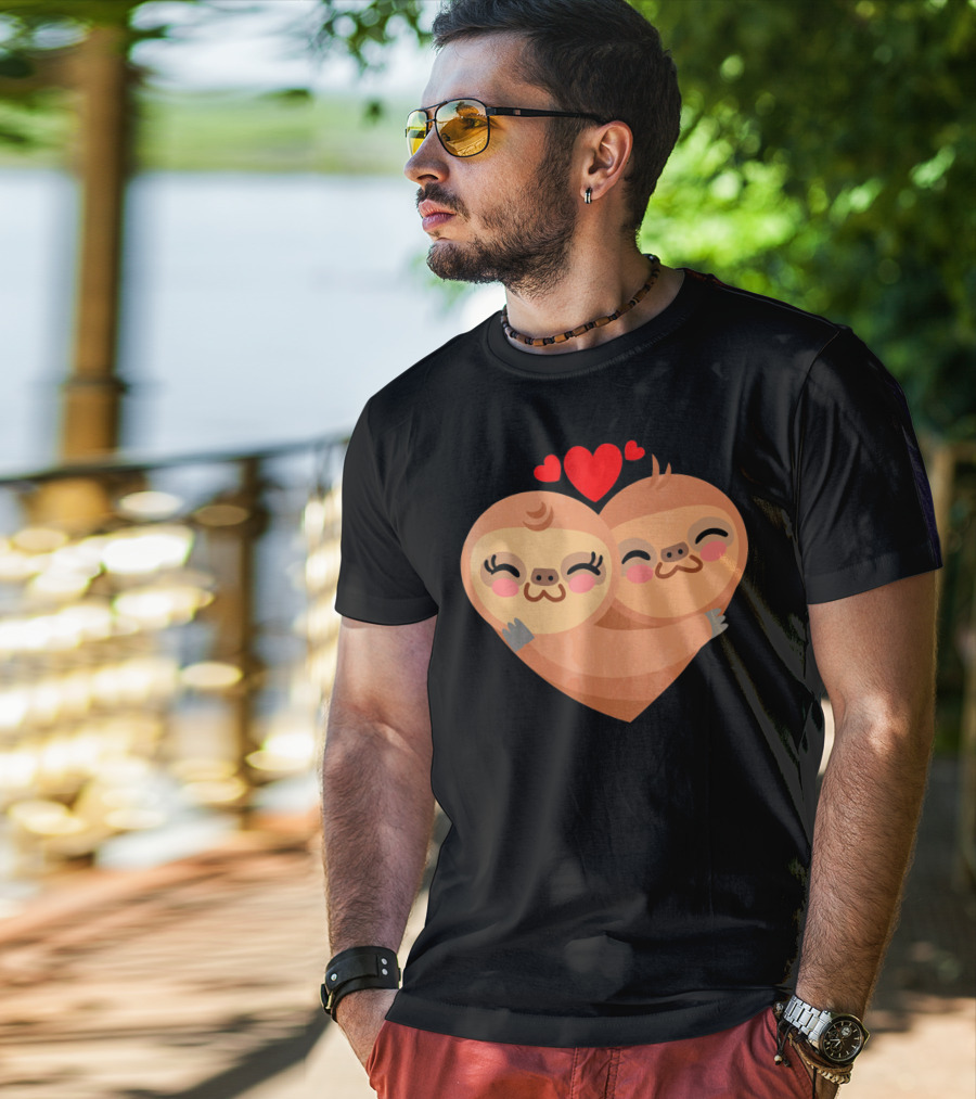 Cute Sloth Love Heart Valentines Pair With Red Hearts T-Shirt