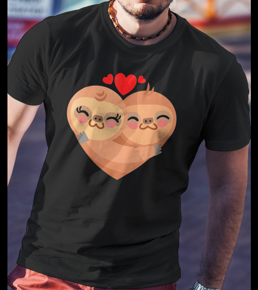 Cute Sloth Love Heart Valentines Pair With Red Hearts T-Shirt