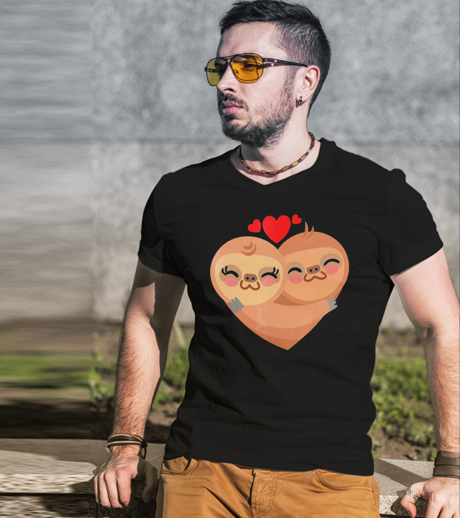 Cute Sloth Love Heart Valentines Pair With Red Hearts T-Shirt