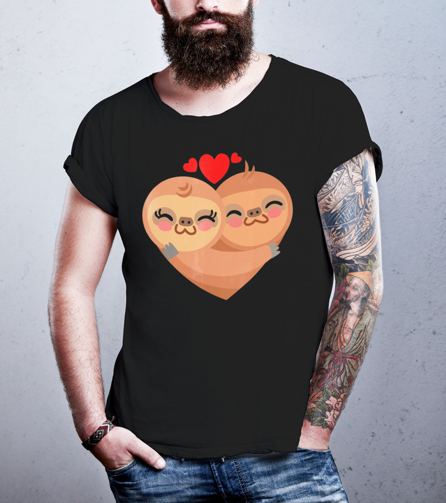 Cute Sloth Love Heart Valentines Pair With Red Hearts T-Shirt