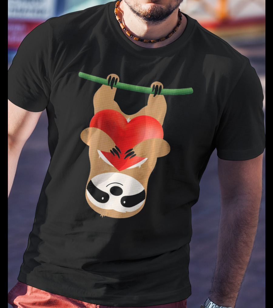 Cute Upside Down Sloth Hugging Red Heart Valentines Love T-Shirt