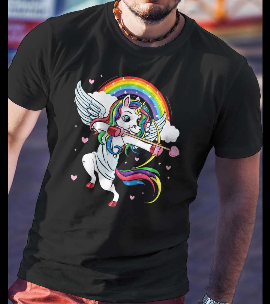 Cute Unicorn Cupid Rainbow Valentines Day Heart Girls T-Shirt