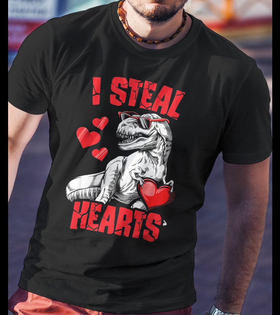 I Steal Hearts Boys Valentines Day Kids Dinosaur T-Shirt