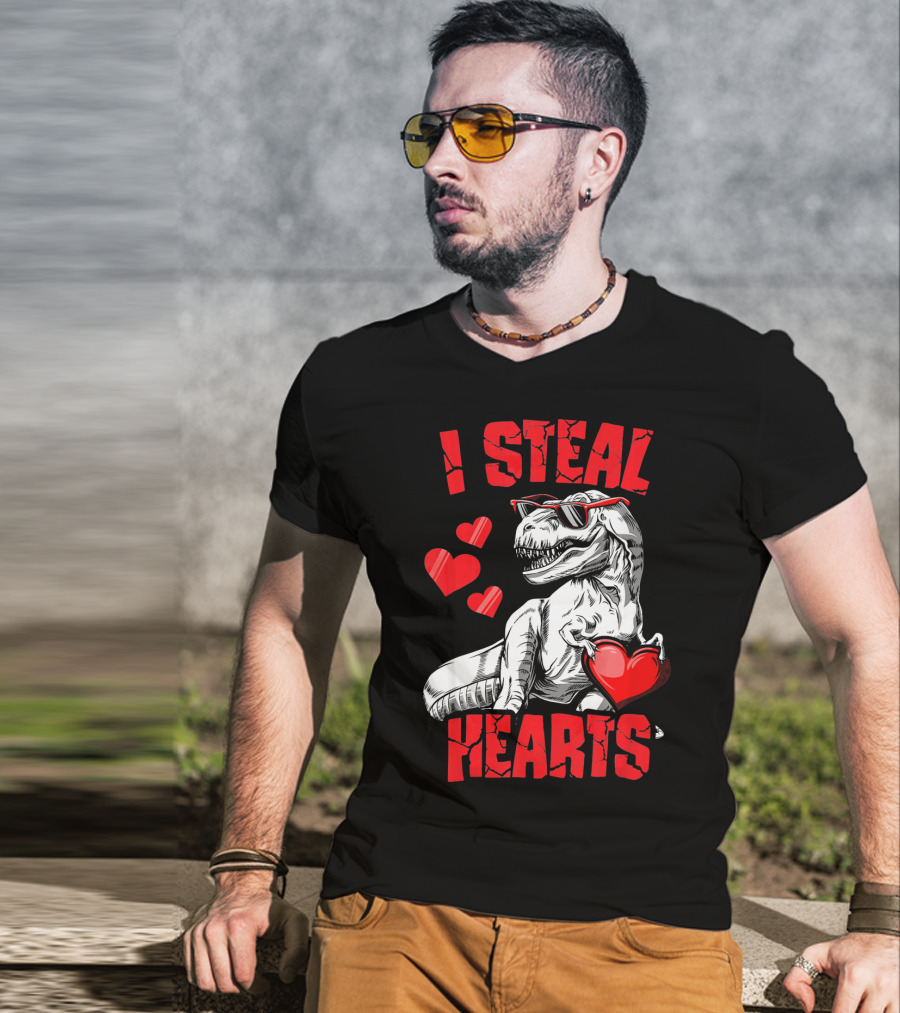 I Steal Hearts Boys Valentines Day Kids Dinosaur T-Shirt