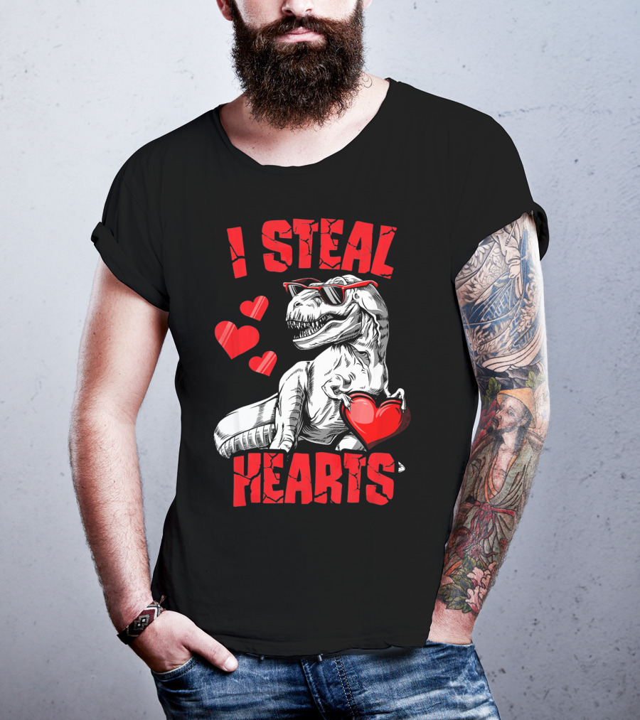 I Steal Hearts Boys Valentines Day Kids Dinosaur T-Shirt