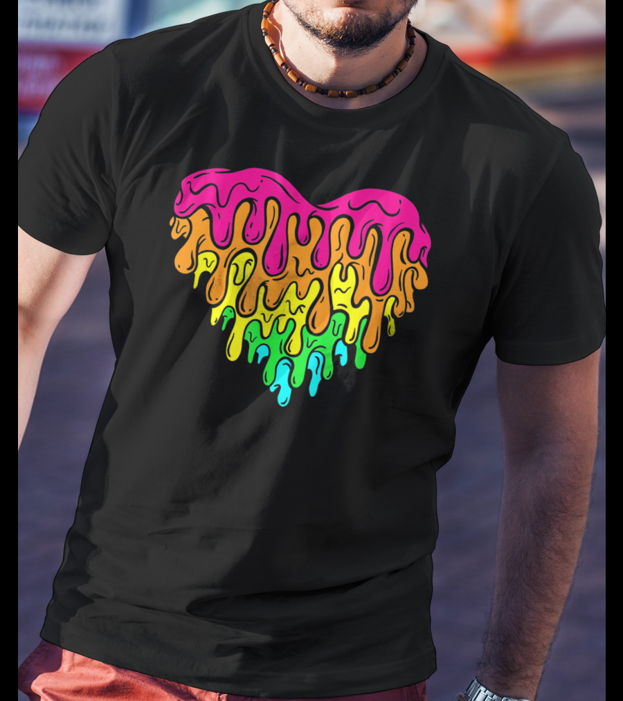 Cool Retro 80s Neon Dripping Rainbow Valentines Day Heart T-Shirt