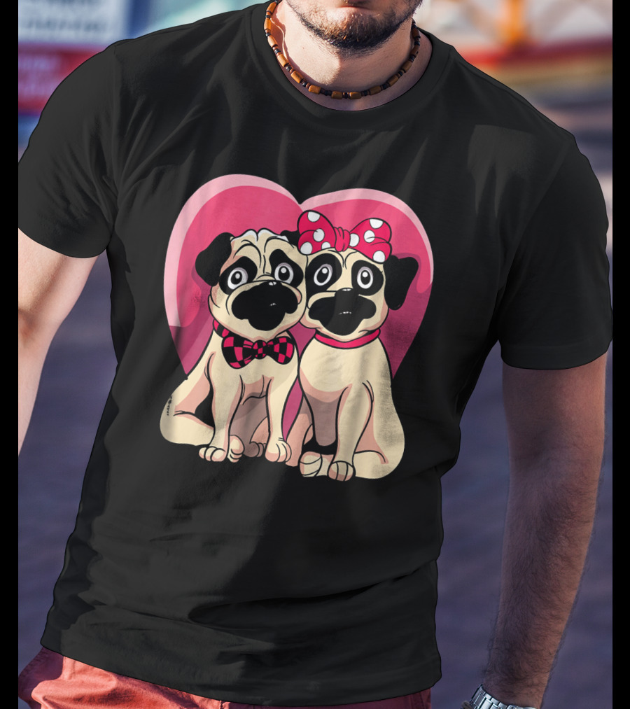 Cute Pug Valentine Puppy Love Co Heart Bow Tie Bow T-Shirt