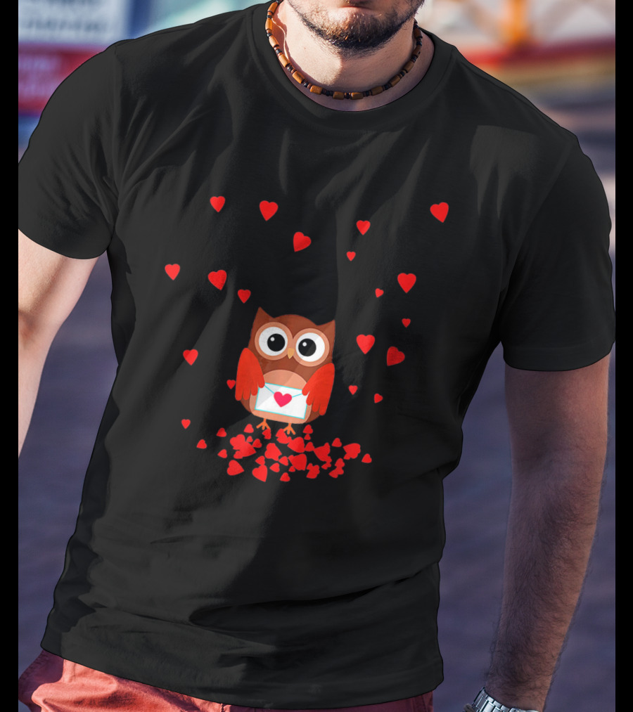 Valentine Owl Holding Love Letter Surrounded By Hearts T-Shirt