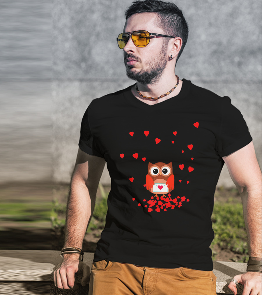 Valentine Owl Holding Love Letter Surrounded By Hearts T-Shirt