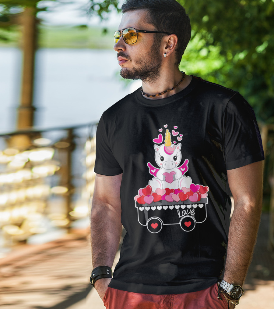 Valentines Day Unicorn Love Wagon With Hearts T-Shirt