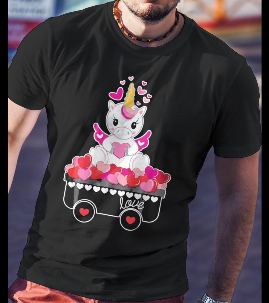 Valentines Day Unicorn Love Wagon With Hearts T-Shirt