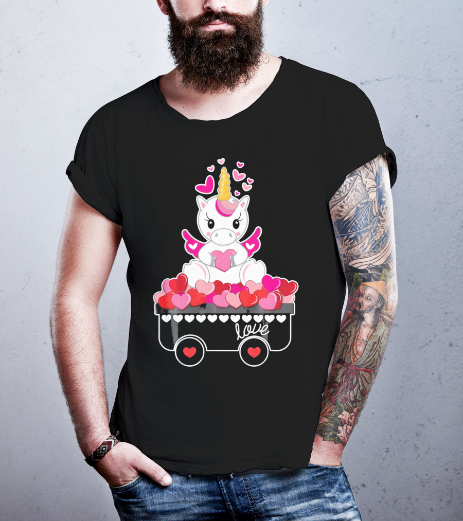 Valentines Day Unicorn Love Wagon With Hearts T-Shirt
